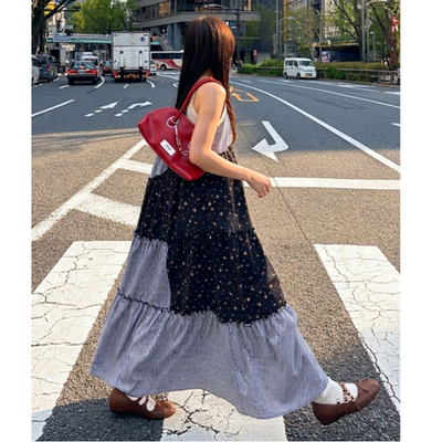 CP2026春夏 予约田园格子碎花拼接吊带长款连衣裙OP