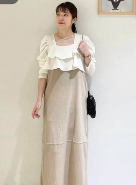 AP2024秋季 复古气质方领荷叶边假两件泡泡袖长款连衣裙OP QC