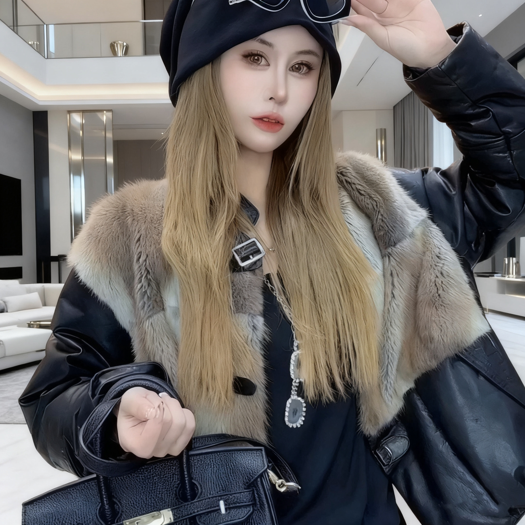 2025水貂毛皮草羽绒外套女短款拼接牛皮真皮衣时尚奢华洋气时髦