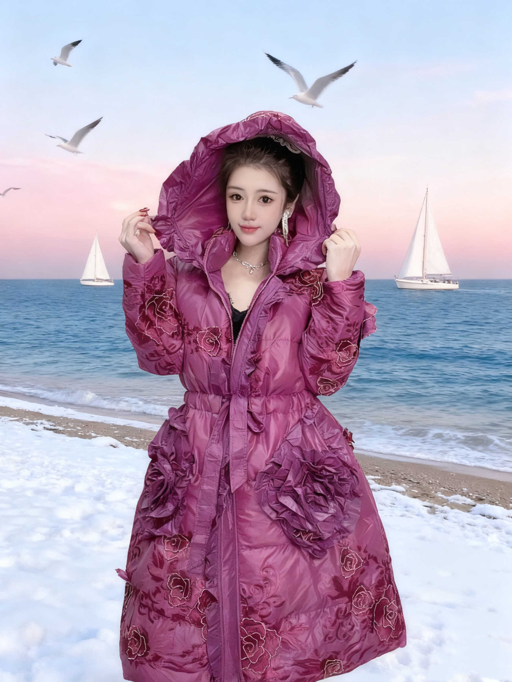比卡陌2025新款白鸭绒羽绒服女大码收腰复古红色轻薄保暖外套