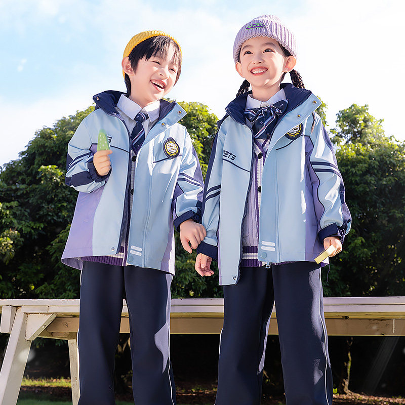 校服冲锋衣小学生班服幼儿园园服秋冬款学院风三件套紫色儿童套装