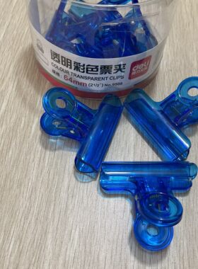 特价得力9508透明彩色大长尾夹塑料燕尾夹64mm圆形票夹12只/筒