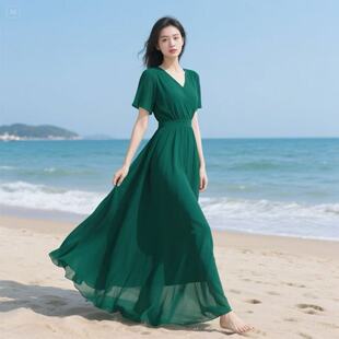 V领度假显瘦沙滩长裙 绿色大摆雪纺连衣裙女气质高腰短袖 夏季 新款