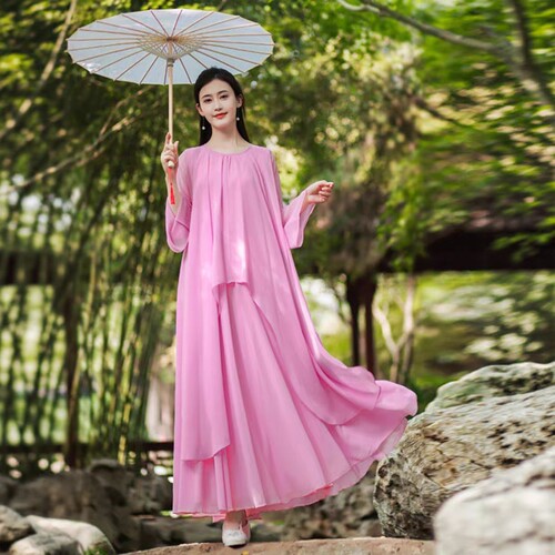 春夏新款中式禅舞雪纺高腰连衣裙