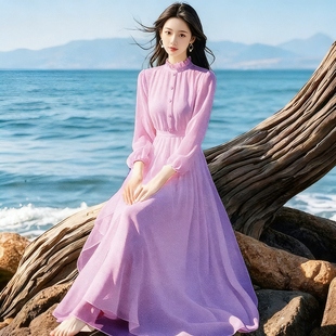 春季新款长袖雪纺衬衫连衣裙女法式高级感气质高腰度假风旅游长裙