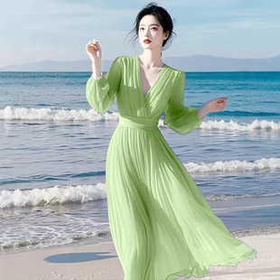 春夏新款 飘逸垂感显瘦高腰大摆旅游海边度假长裙 雪纺连衣裙女长袖
