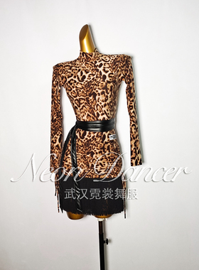 NeonDancer 新款专业女拉丁舞长袖练功服 Sulima同款豹纹连衣裙
