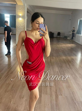 Neon Dancer 新款女拉丁舞服 星光Alika红色吊带裙 大露背连衣裙