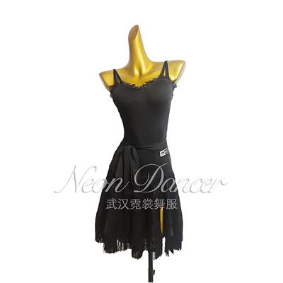 NeonDancer 新款女拉丁舞服 Alina新款流苏裙 吊带开衩大摆连衣裙