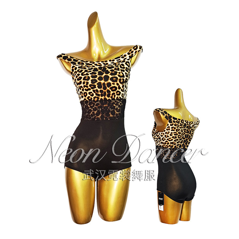 neondancer 女拉丁舞练功服 无袖一字肩豹纹拼接黑色蕾丝连体衣