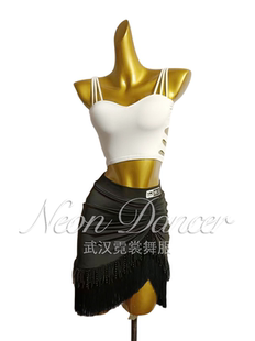 Neon Dancer 女拉丁舞服 Liza新款拉丁舞服套装 白配黑色流苏短裙