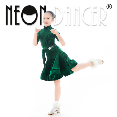 NeonDancer 少儿女拉丁舞规定服儿童比赛服 进口丝绒高领鱼骨裙