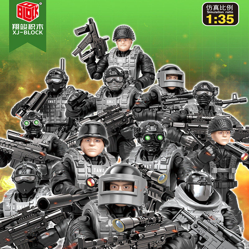 翔竣1058软胶拼装关节特种兵人仔益智军事吃鸡模型黑色特警玩具图片