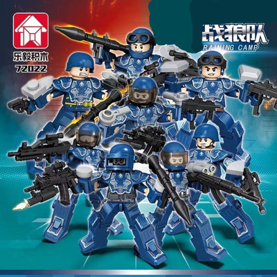 乐毅积木72022军事机甲人仔特警战狼队多关节特种兵益智儿童玩具