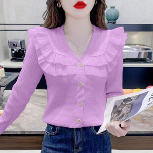 韩国chic秋季法式别致荷叶边毛衣针织衫女设计感V领长袖修身上衣