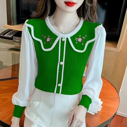 秋季2024新款女装甜美刺绣娃娃领针织衫时髦时尚洋气雪纺长袖上衣
