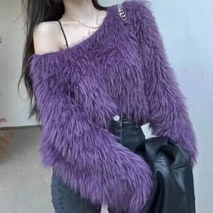 紫色软糯貂绒毛衣女秋冬季2025新款慵懒风宽松短款针织衫长袖上衣