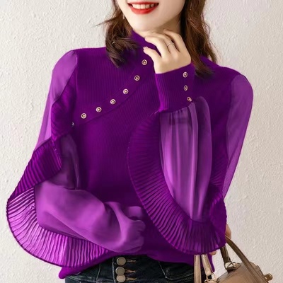 半高领套头荷叶边灯笼袖毛衣女