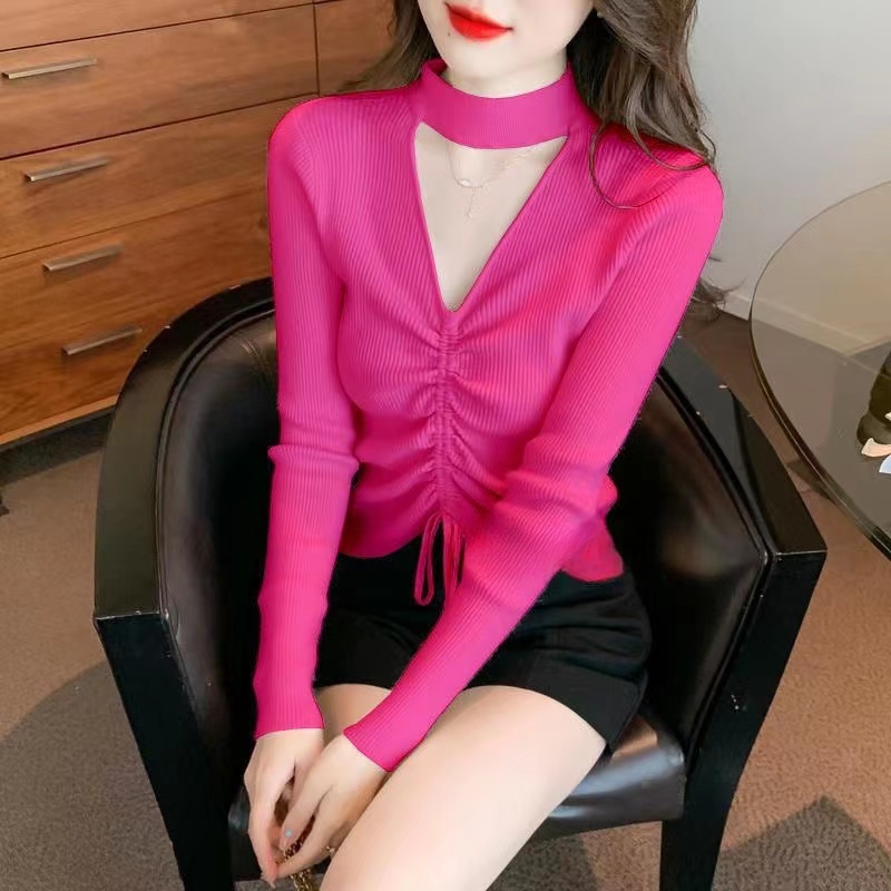 V领套头镂空抽绳针织毛衣