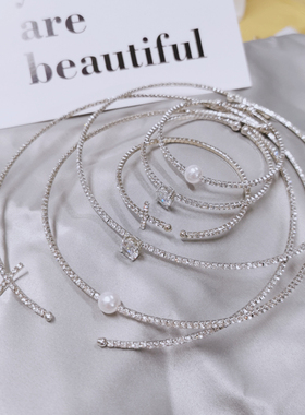 设计感百搭银色水钻颈链手环套装