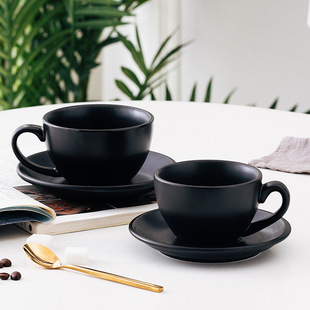 高级感磨砂黑色咖啡杯碟套装陶瓷咖啡杯拿铁拉花杯300 220 320ml