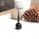 小猪吊坠饰品挂坠 个性 精雕天然黑曜石小猪手机坠手机链男女款 时尚