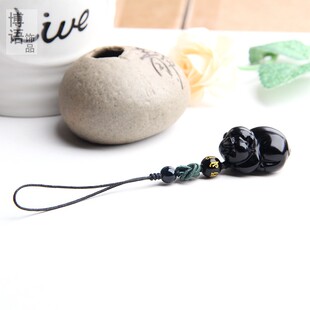 精雕天然黑曜石小猪手机链挂件水晶猪手机挂坠饰品男女款手机链