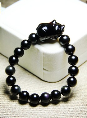 天然黑曜石猪手链生肖猪时尚手串