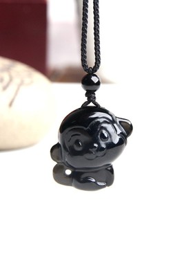 博语天然黑曜石猴子挂件猴子项链