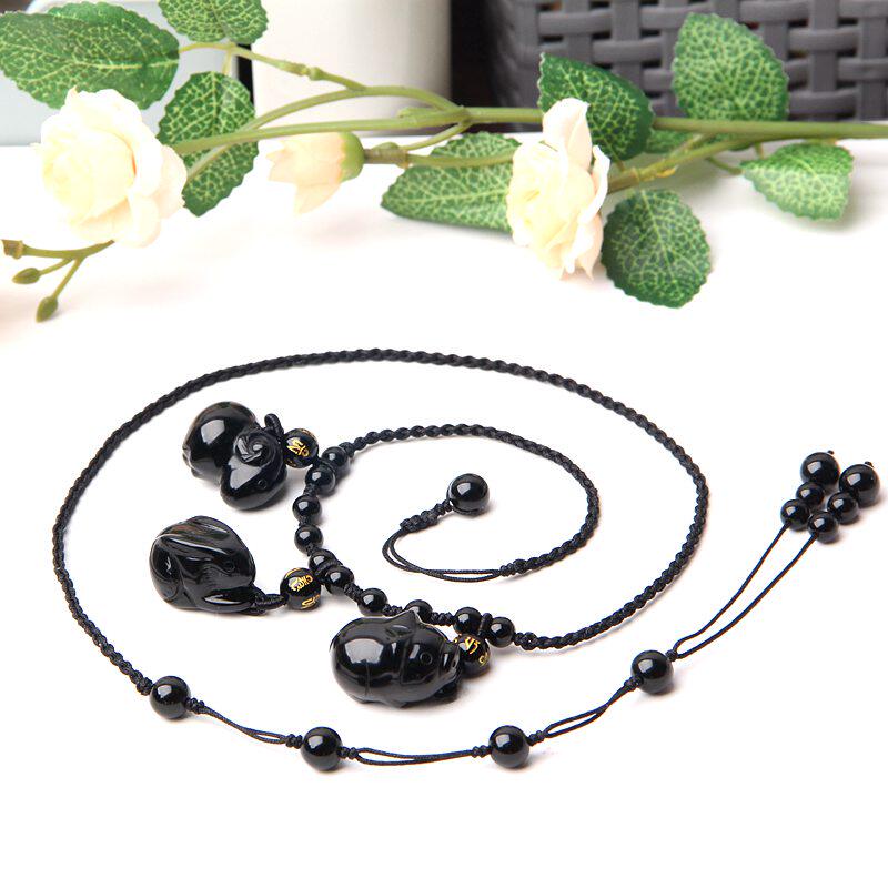 手工编织天然黑曜石生肖猪兔羊腰链腰带绳子男女款生肖三合腰带链