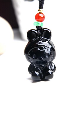 博语天然黑曜石兔挂坠兔子项链