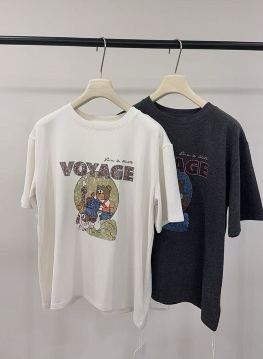 fromseven7米2025秋韩系圆领卡通百搭通勤磨毛短袖T恤 E3453