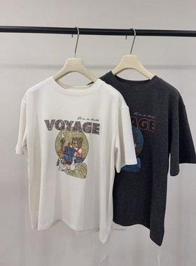 fromseven7米2025秋韩系圆领卡通百搭通勤磨毛短袖T恤 E3453