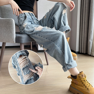 显瘦乞丐宽松萝卜老爹裤 2026年新款 子 女春夏季 高腰破洞哈伦牛仔裤