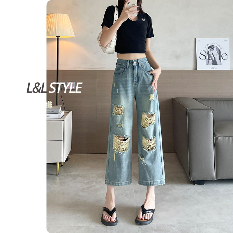 七分破洞阔腿牛仔裤女夏季薄款2024新款小个子八分复古乞丐直筒裤