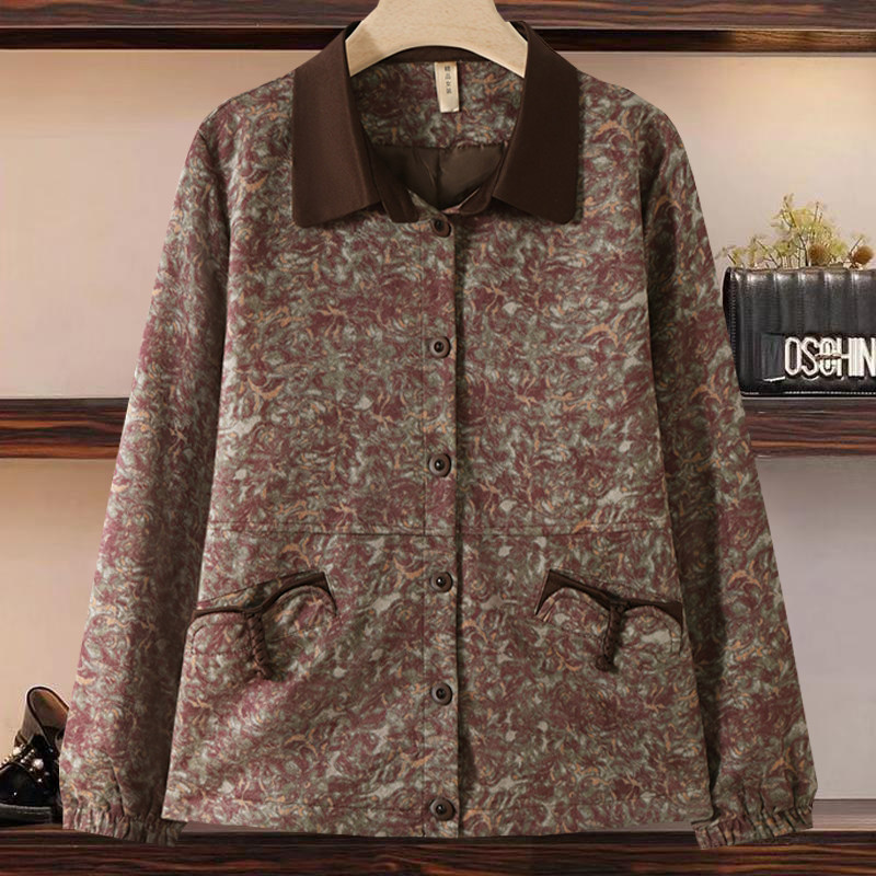 春装新款印花短款夹克衫妈妈上衣中老年女装开衫薄款50岁60外套女