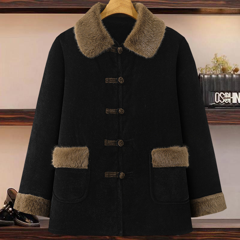 秋冬装新款加绒加厚毛呢外套中老年妈妈毛领保暖棉服宽松洋气棉袄