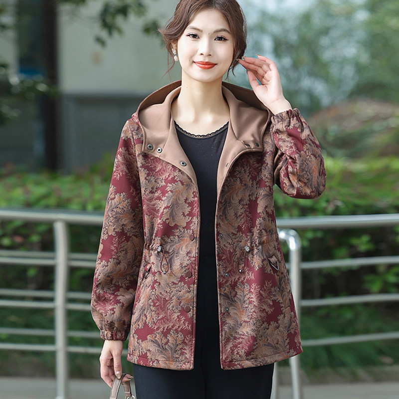 春秋装新款水墨印花连帽夹克衫中老年收腰显瘦妈妈风衣时尚外套女,女装/女士精品,中老年女装,淘宝优惠券,粉丝福利购,淘宝优惠卷