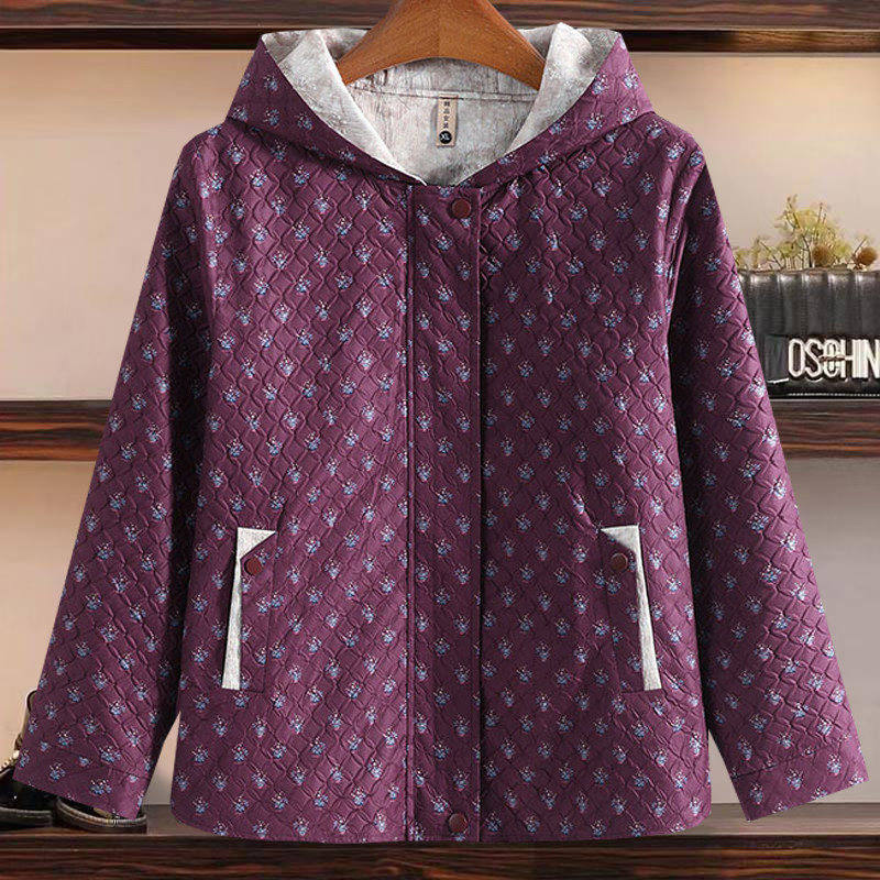 春装新款印花连帽妈妈上衣春秋季中老年夹克衫休闲薄风衣50岁外套