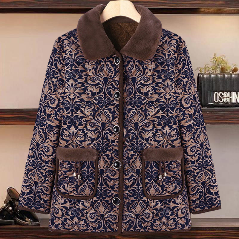 妈妈装印花加厚棉袄大码宽松翻领洋气老年人老太太加绒棉衣女外套 - 中老年妈妈女装体验店出品