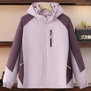 连帽撞色棒球服时尚 大码 冲锋衣春秋装 中老年妈妈装 休闲外套女 女装