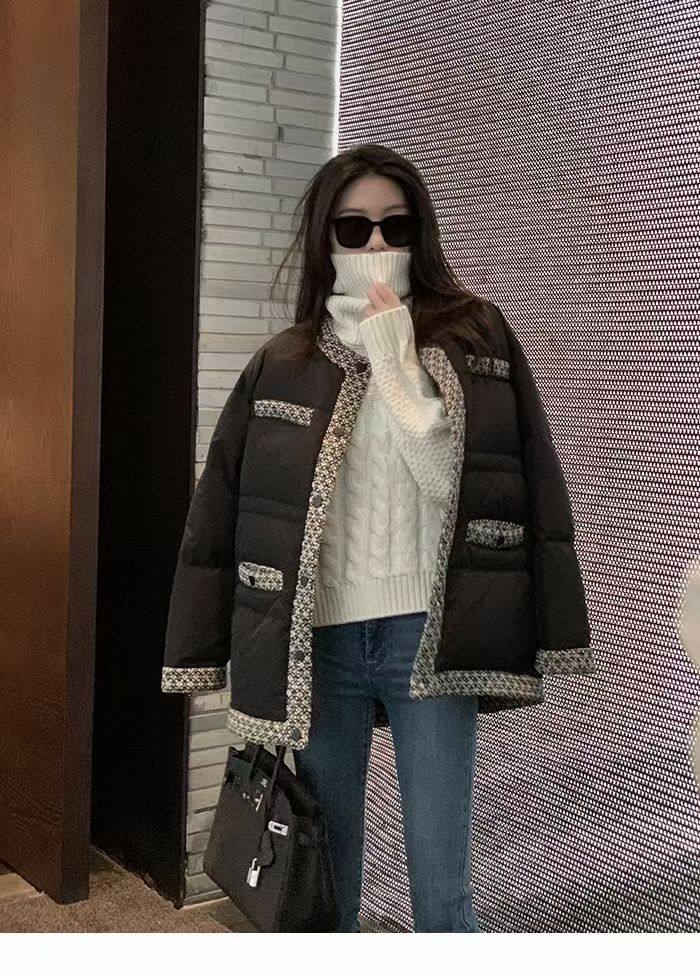 韩版冬装小香风圆领羽绒服女黑色 90白鸭绒 断码特价处理