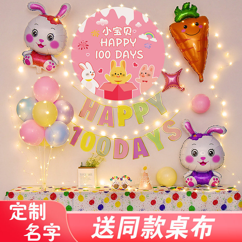 兔宝宝满月礼百日宴男女孩生日场景装饰海报定制卡通萌兔背景墙布