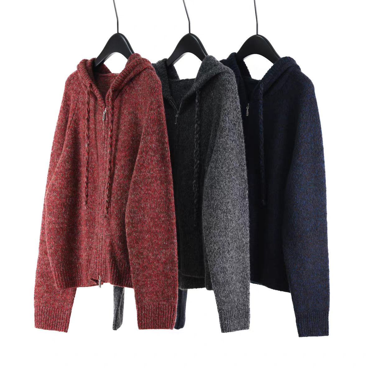 秋冬女士连帽拉链开衫真丝羊绒夹花保暖苏格兰风风格羊绒针织外套