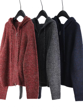 秋冬女士连帽拉链开衫真丝羊绒夹花保暖苏格兰风风格羊绒针织外套