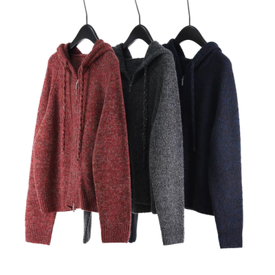 秋冬女士连帽拉链开衫真丝羊绒夹花保暖苏格兰风风格羊绒针织外套