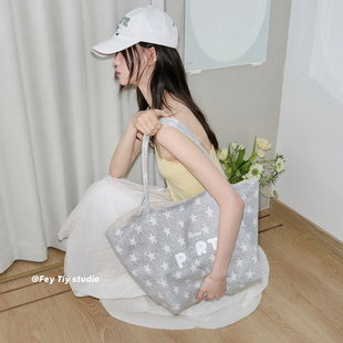 休闲百搭ins包包女 春夏新款 feytiy 浅灰星星托特包单肩包大容量