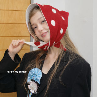 feytiy 小蘑菇~定制 复古针织保暖波点三角巾 秋冬柔软百搭围巾女