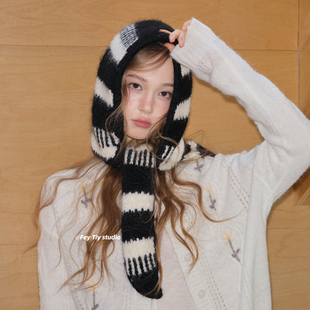 feytiy 黑白条纹巴拉克拉法帽秋冬加厚加大保暖连帽围巾 时髦百搭