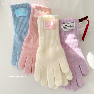 保暖加厚加长可触屏分指手套女五指防寒韩版 冬季 奶油触感 feytiy